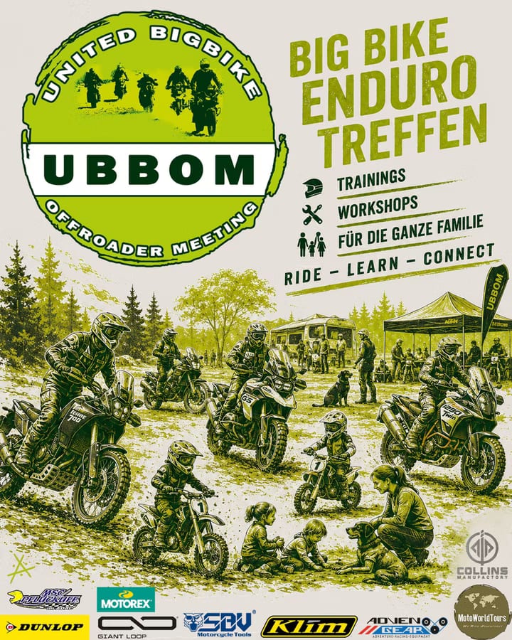 Plakat zum United BigBike Offroader Meeting: Big Bike Enduro Treffen mit Trainings, Workshops, für die ganze Familie — Ride, Learn, Connect.