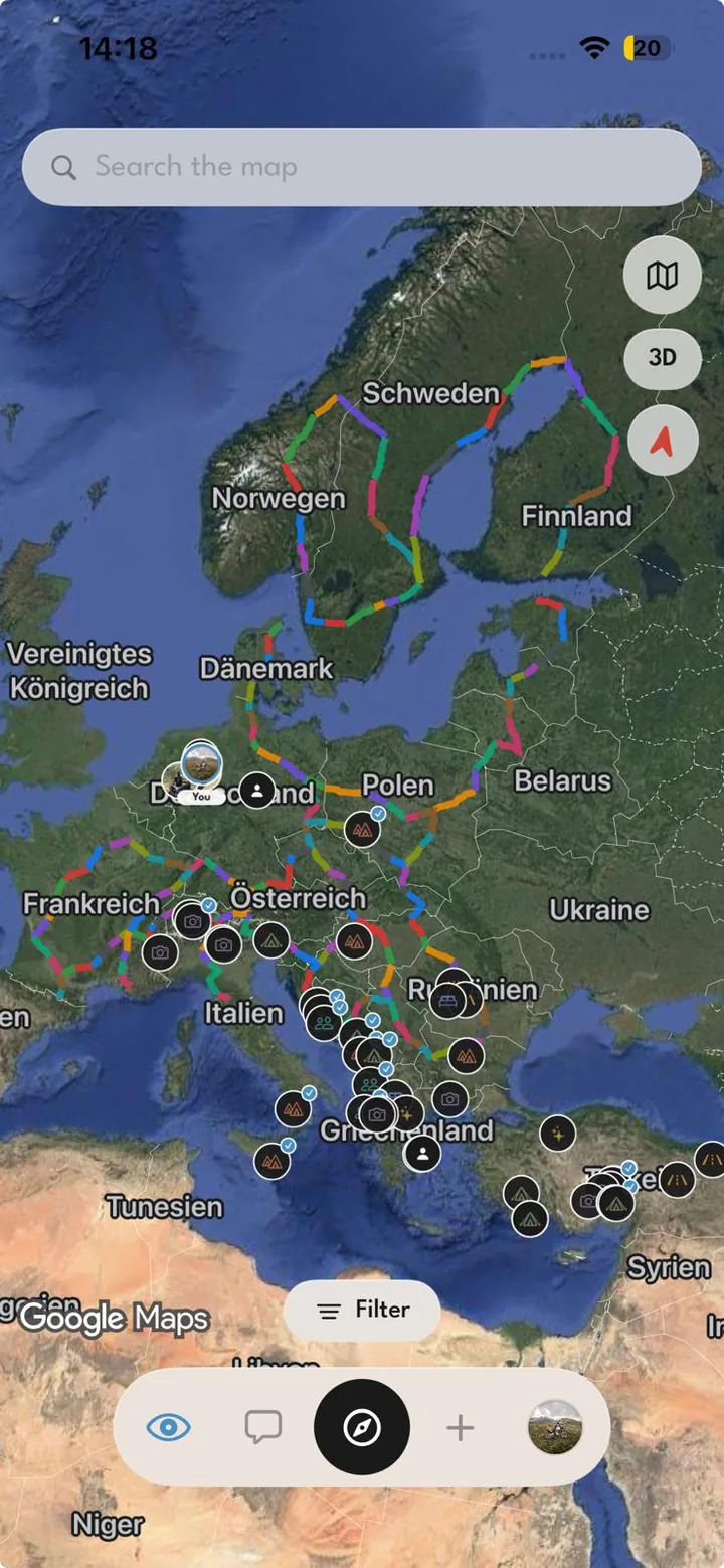 Two Wheels Apart map of Europe with riders, spots and coloured tracks