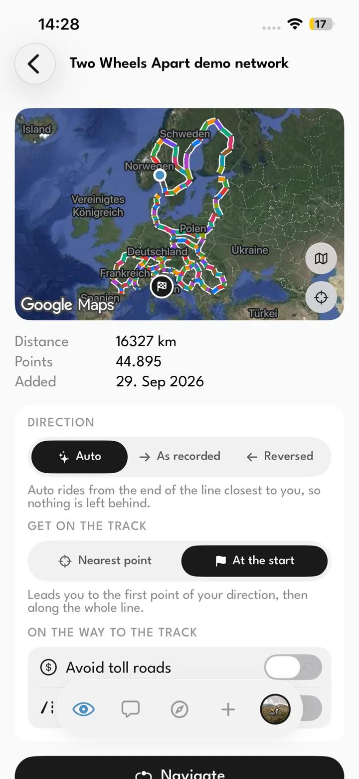A track across Europe in coloured segments, ready to navigate